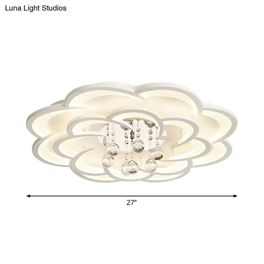 Modern Floral Girls Bedroom Led Flush Ceiling Light With Crystal Ball Drop In White -