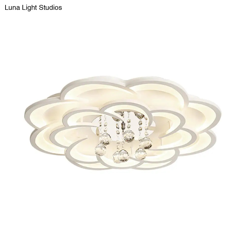 Modern Floral Girls Bedroom Led Flush Ceiling Light With Crystal Ball Drop In White - 20.5/31.5/47