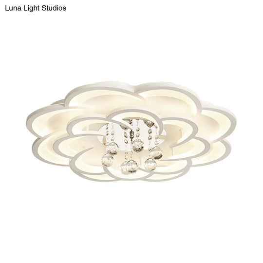 Modern Floral Girls Bedroom Led Flush Ceiling Light With Crystal Ball Drop In White - 20.5/31.5/47