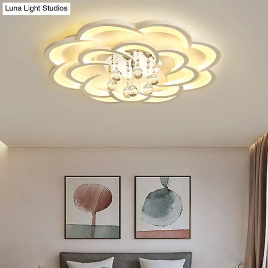 Modern Floral Girls Bedroom Led Flush Ceiling Light With Crystal Ball Drop In White - 20.5/31.5/47