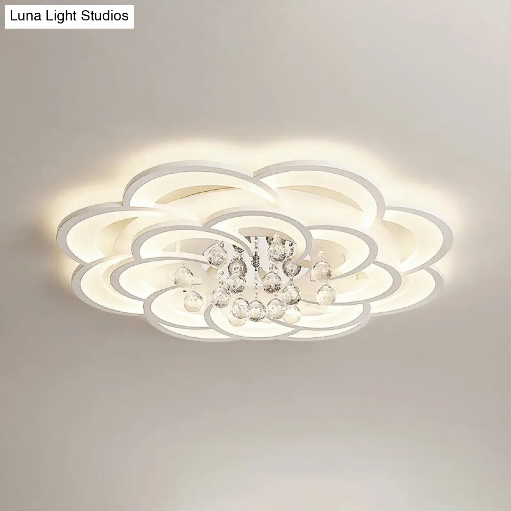 Modern Floral Girls Bedroom Led Flush Ceiling Light With Crystal Ball Drop In White - 20.5/31.5/47