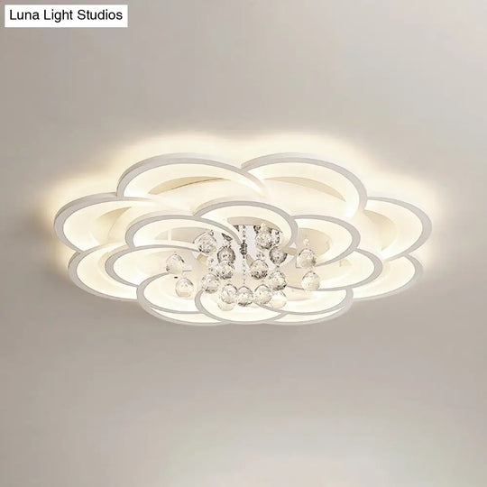 Modern Floral Girls Bedroom Led Flush Ceiling Light With Crystal Ball Drop In White - 20.5/31.5/47