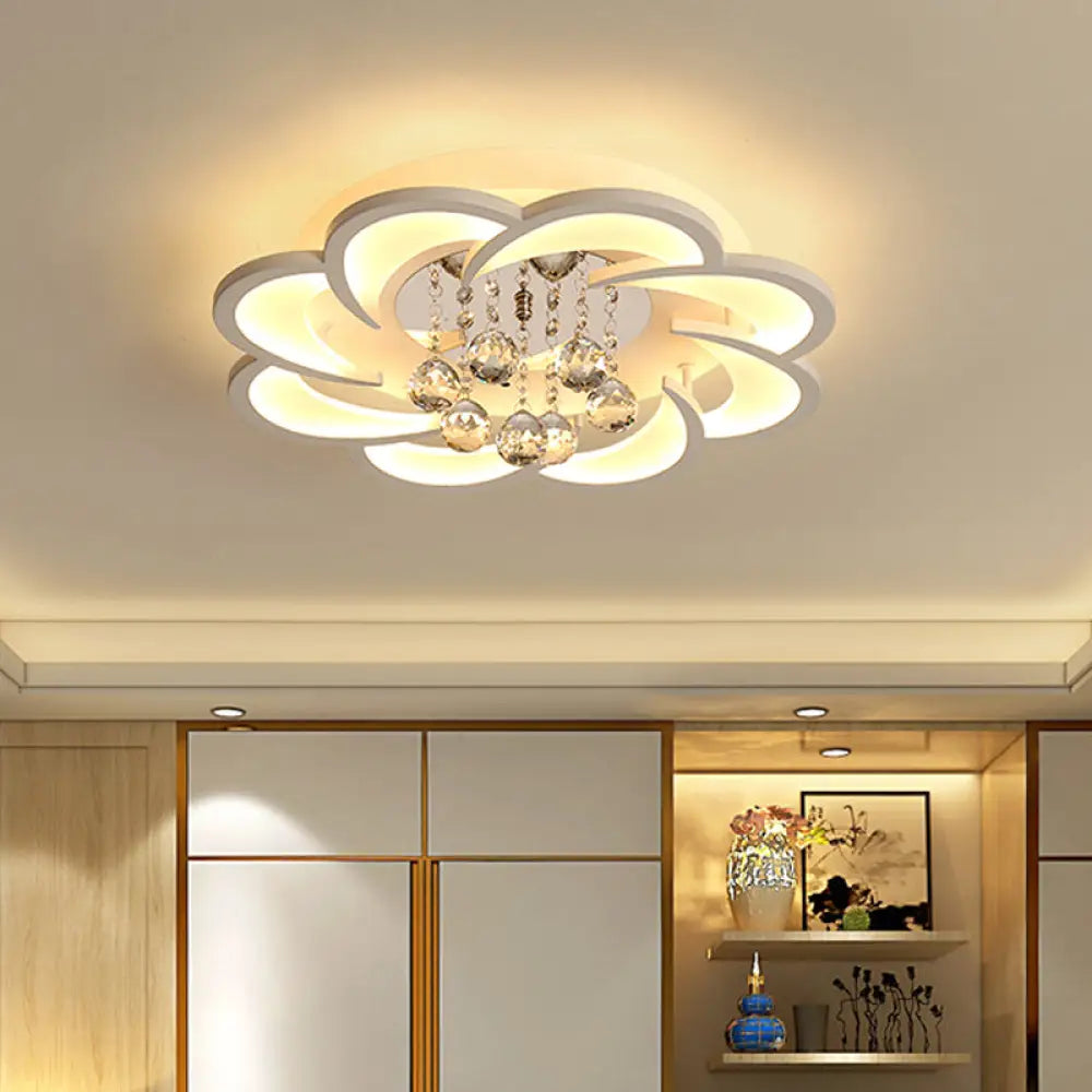 Modern Floral Girls Bedroom Led Flush Ceiling Light With Crystal Ball Drop In White -