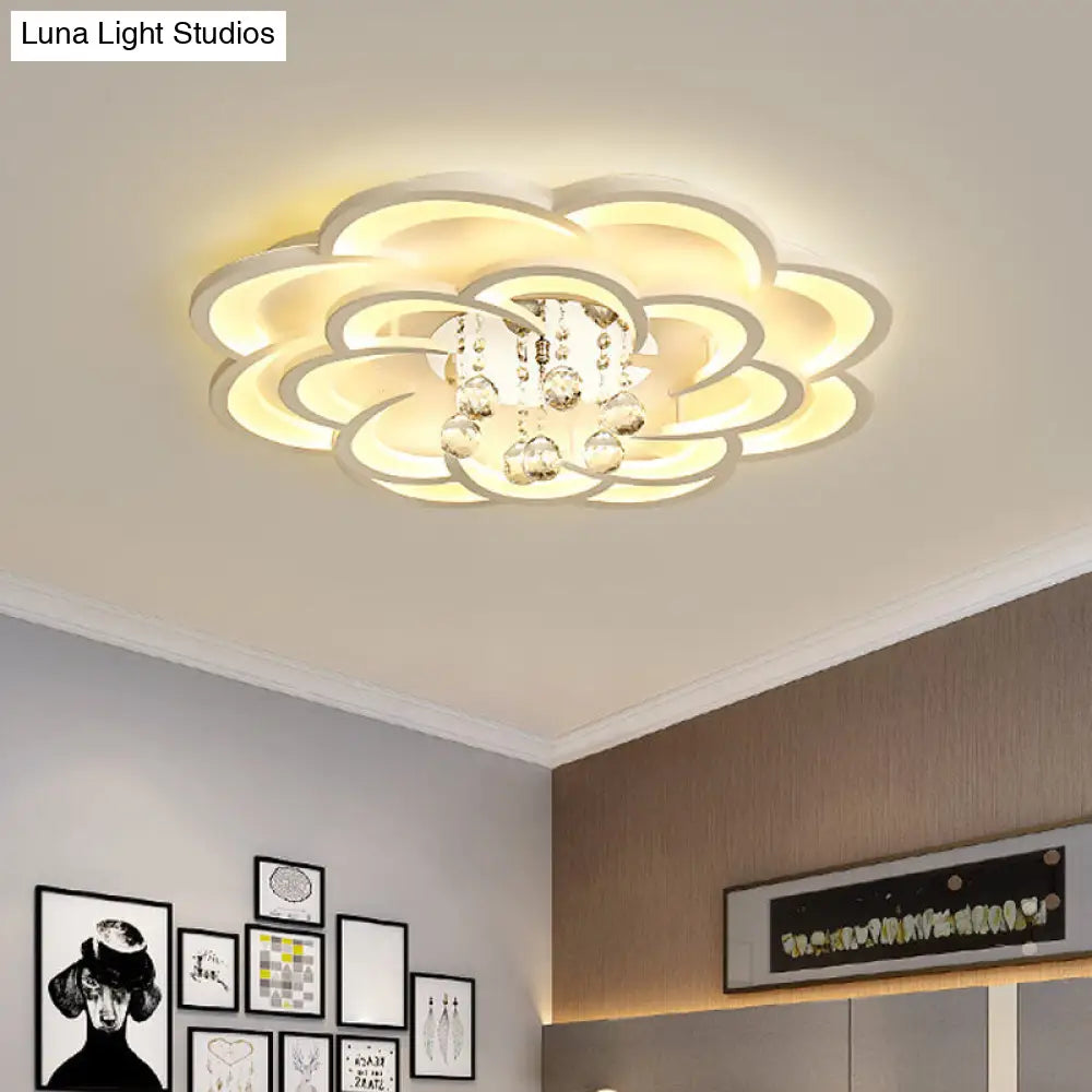 Modern Floral Girls Bedroom Led Flush Ceiling Light With Crystal Ball Drop In White - 20.5/31.5/47