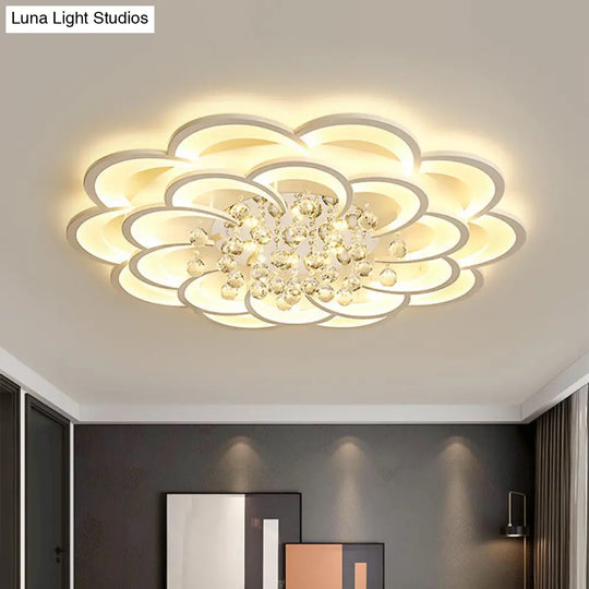 Modern Floral Girls Bedroom Led Flush Ceiling Light With Crystal Ball Drop In White - 20.5/31.5/47