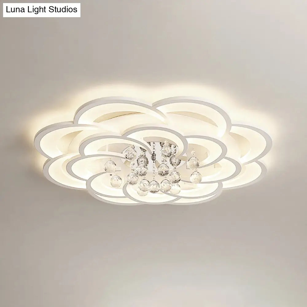 Modern Floral Girls Bedroom Led Flush Ceiling Light With Crystal Ball Drop In White -