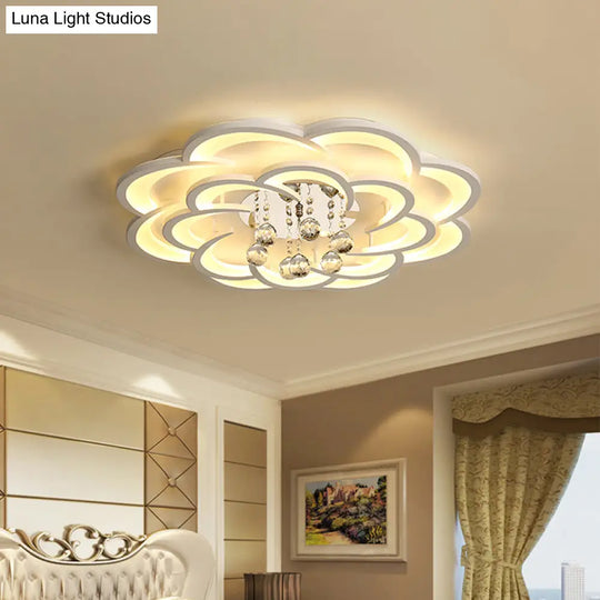 Modern Floral Girls Bedroom Led Flush Ceiling Light With Crystal Ball Drop In White -