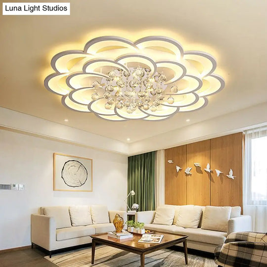 Modern Floral Girls Bedroom Led Flush Ceiling Light With Crystal Ball Drop In White -