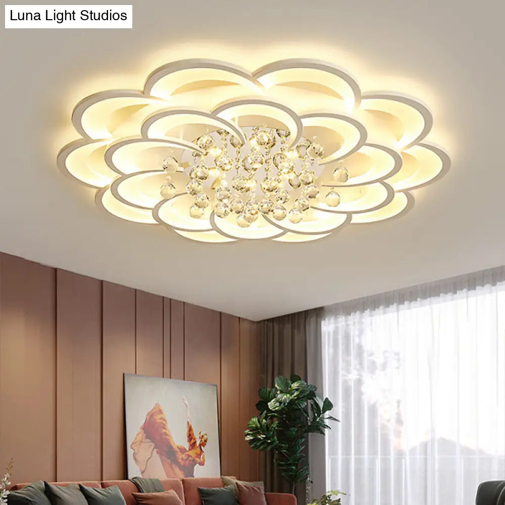 Modern Floral Girls Bedroom Led Flush Ceiling Light With Crystal Ball Drop In White - 20.5/31.5/47