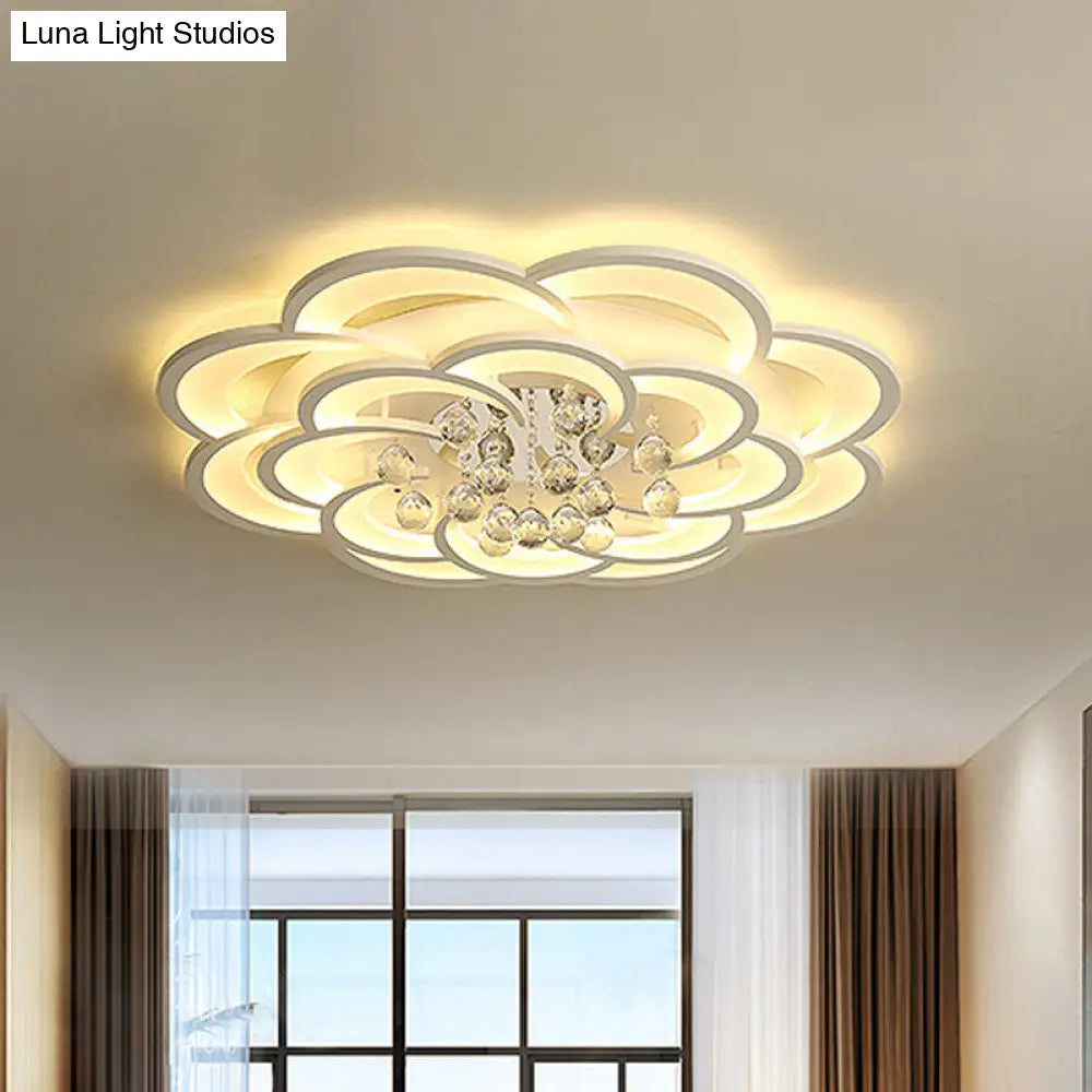 Modern Floral Girls Bedroom Led Flush Ceiling Light With Crystal Ball Drop In White -