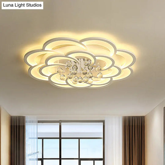 Modern Floral Girls Bedroom Led Flush Ceiling Light With Crystal Ball Drop In White -