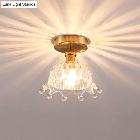 Modern Floral Glass Ceiling Light - Elegant Single-Bulb Foyer Flush Fixture Brass