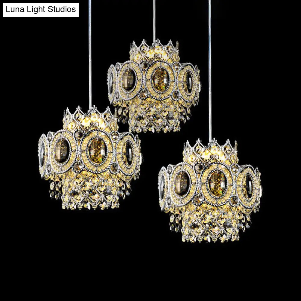 Modern Floral Layered Crystal Pendant Lamp With 3 Bulbs In Chrome Finish