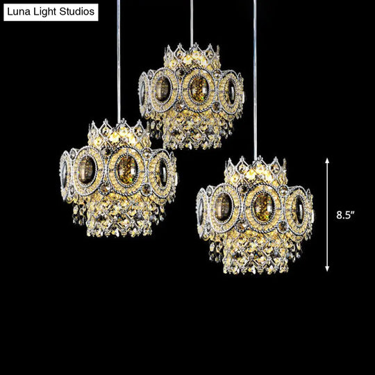 Chrome Floral Pendant Lamp With 3 Crystal Bulbs And Multiple Layers