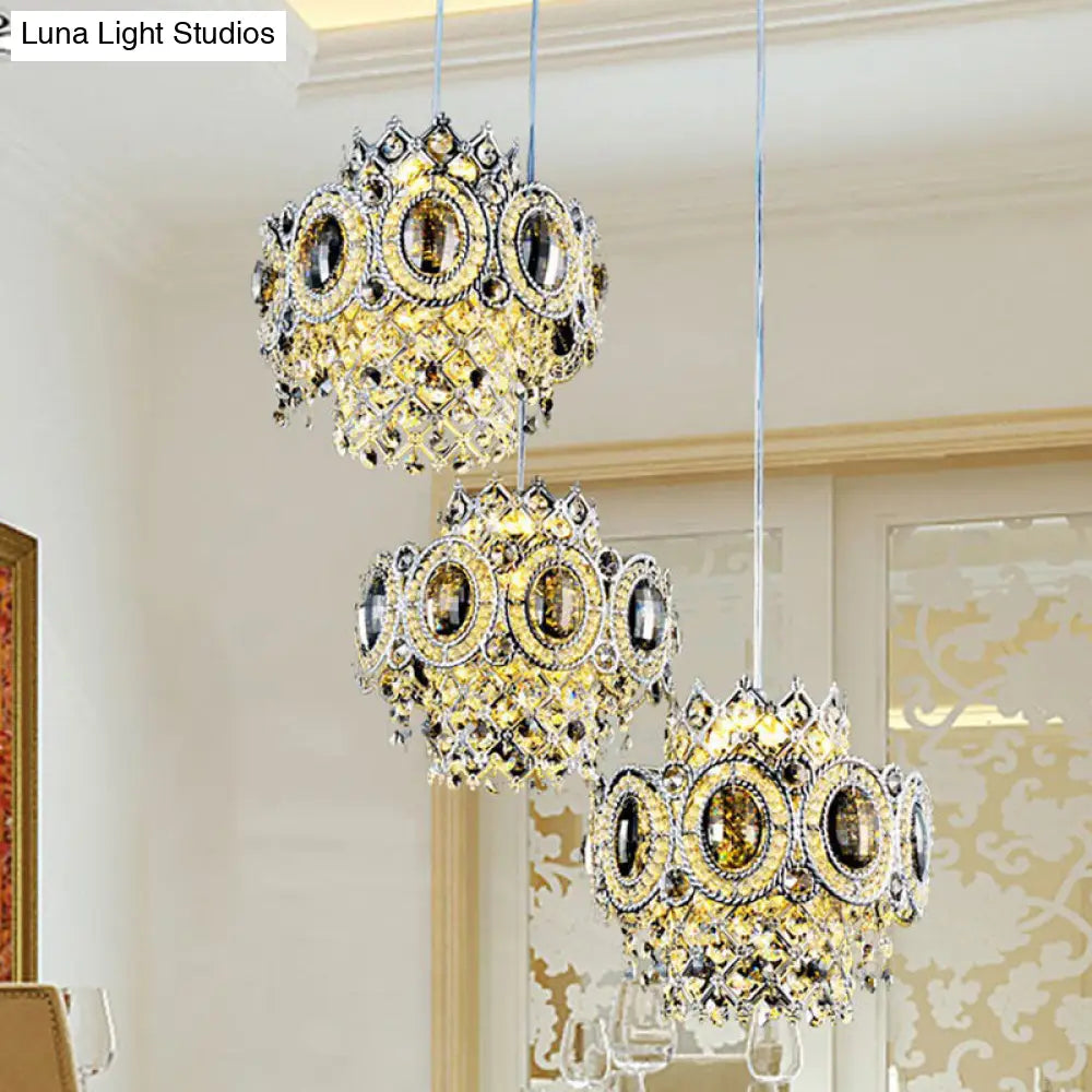 Chrome Floral Pendant Lamp With 3 Crystal Bulbs And Multiple Layers