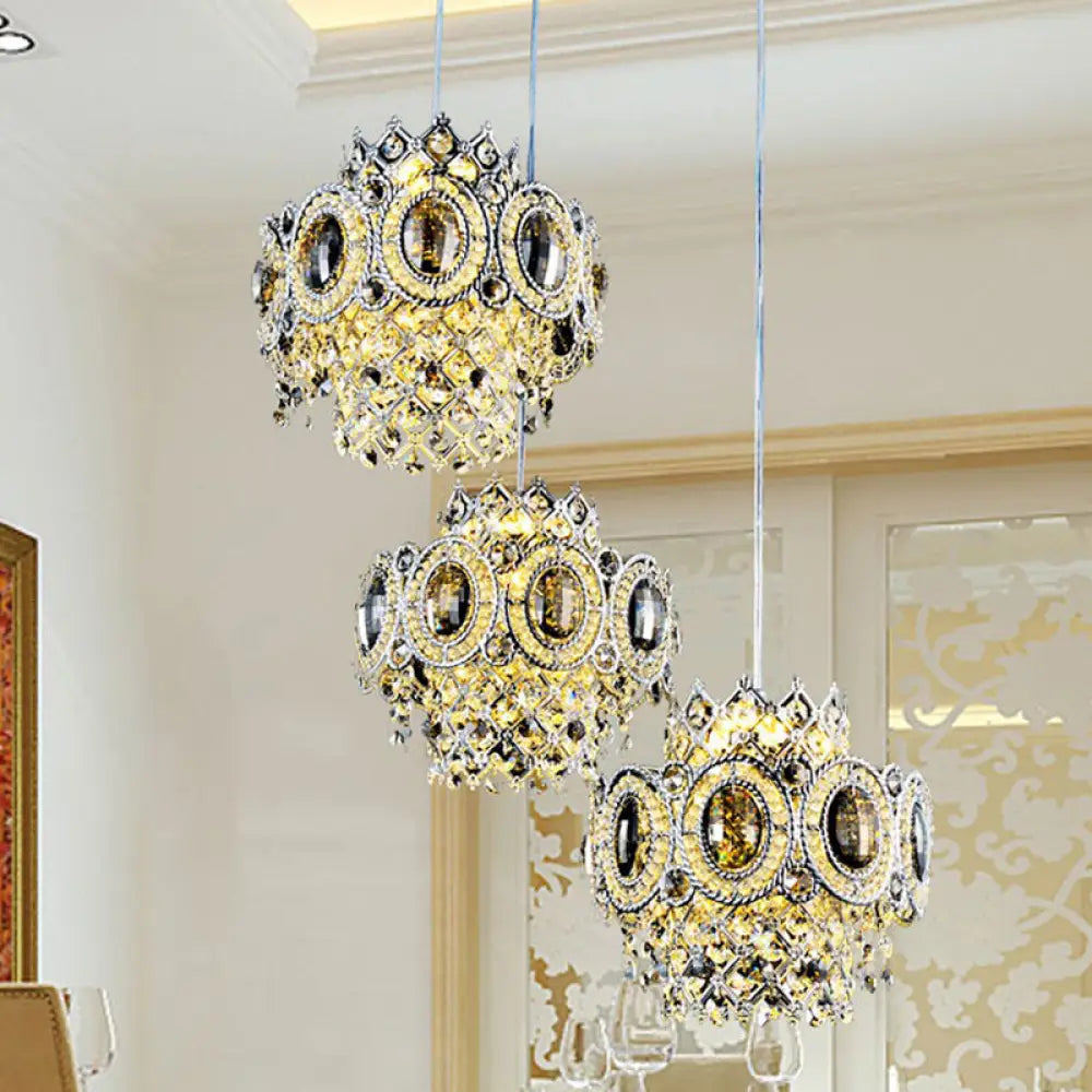 Modern Floral Layered Crystal Pendant Lamp With 3 Bulbs In Chrome Finish