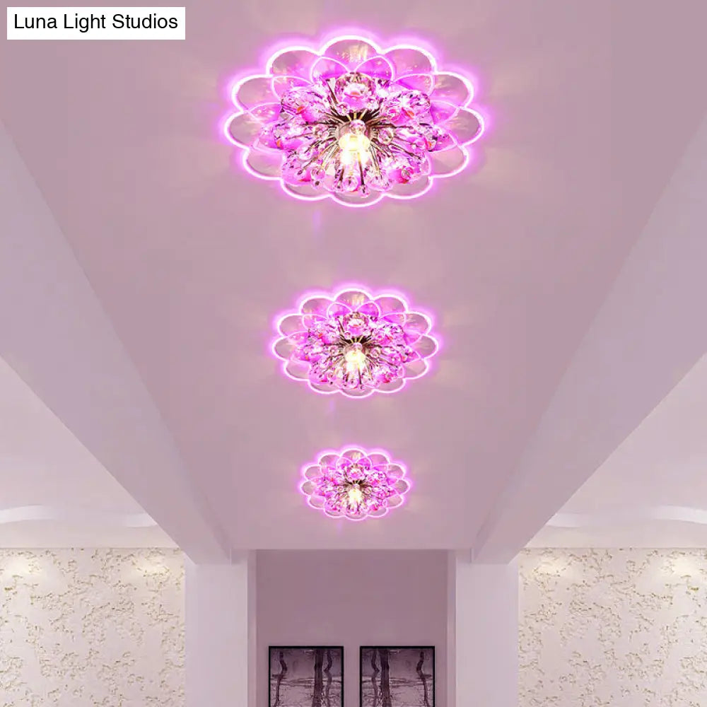 Modern Floral Led Flush Mount Ceiling Light With Beveled Crystal In Red For Porch Pink White And