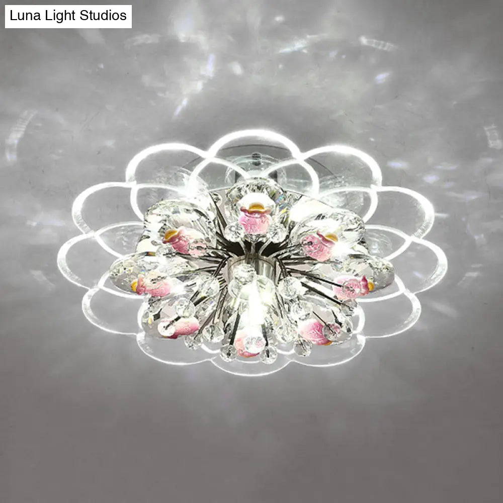 Modern Floral Led Flush Mount Ceiling Light With Beveled Crystal In Red For Porch Pink White And