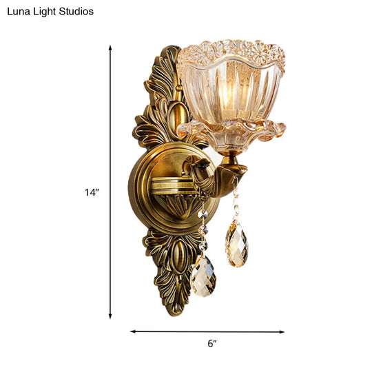 Modern Floral Shaped Wall Sconce Light With Amber Glass And Teardrop Crystal Drop In Brass - 1/2