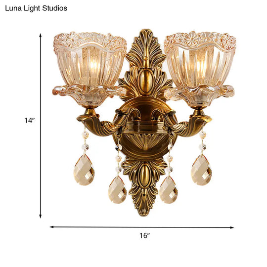 Modern Floral Shaped Wall Sconce Light With Amber Glass And Teardrop Crystal Drop In Brass - 1/2