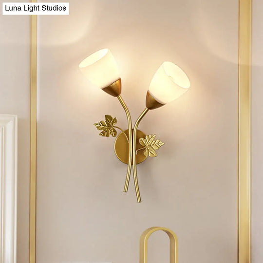 Modern Floral Wall Lamp: Milk Glass 2-Bulb Sconce Light In Black/Gold With Metal Leaf Accent