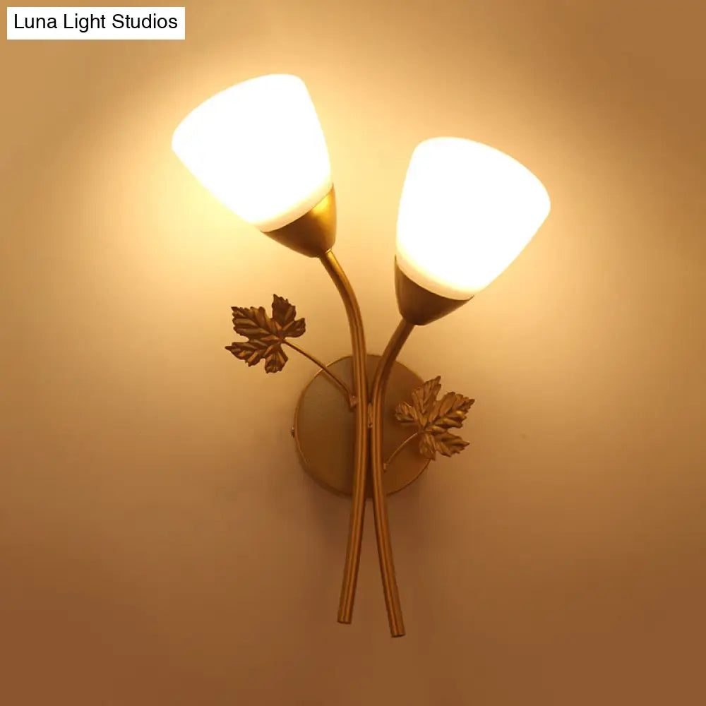 Modern Floral Wall Lamp: Milk Glass 2-Bulb Sconce Light In Black/Gold With Metal Leaf Accent