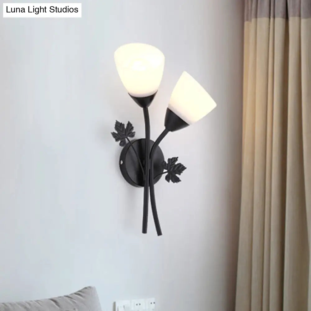 Modern Floral Wall Lamp: Milk Glass 2-Bulb Sconce Light In Black/Gold With Metal Leaf Accent