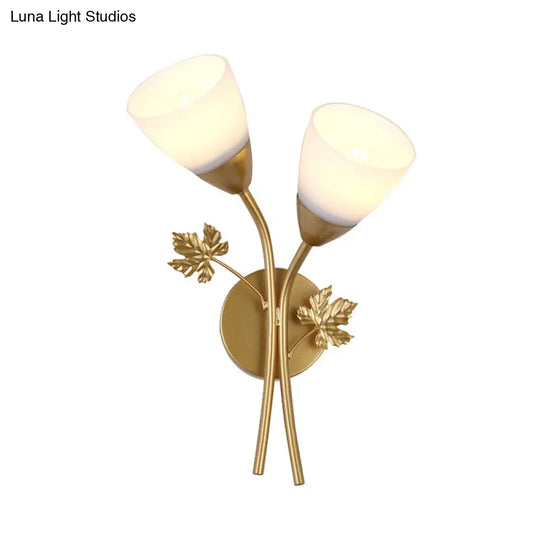 Modern Floral Wall Lamp: Milk Glass 2-Bulb Sconce Light In Black/Gold With Metal Leaf Accent