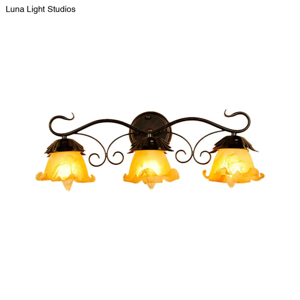 Modern Floral Yellow Glass Vanity Wall Sconce - Stylish 1/2/3-Light Black Finish Mount Lighting