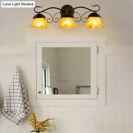 Modern Floral Yellow Glass Vanity Wall Sconce - Stylish 1/2/3-Light Black Finish Mount Lighting