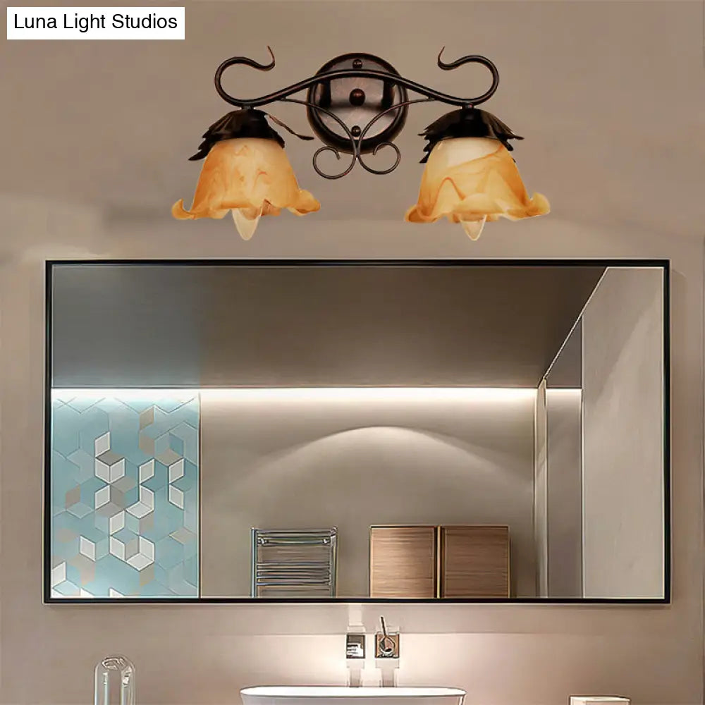 Modern Floral Yellow Glass Vanity Wall Sconce - Stylish 1/2/3-Light Black Finish Mount Lighting