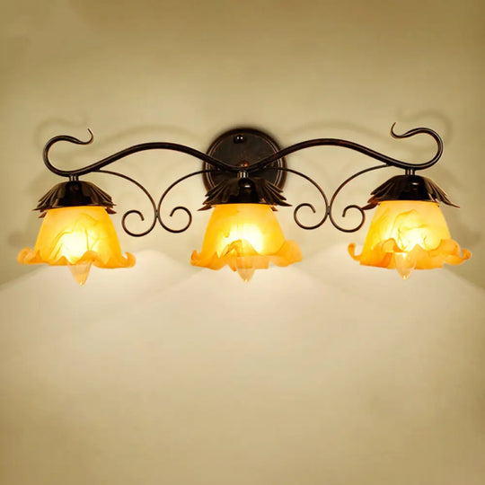 Modern Floral Yellow Glass Vanity Wall Sconce - Stylish 1/2/3-Light Black Finish Mount Lighting 3 /