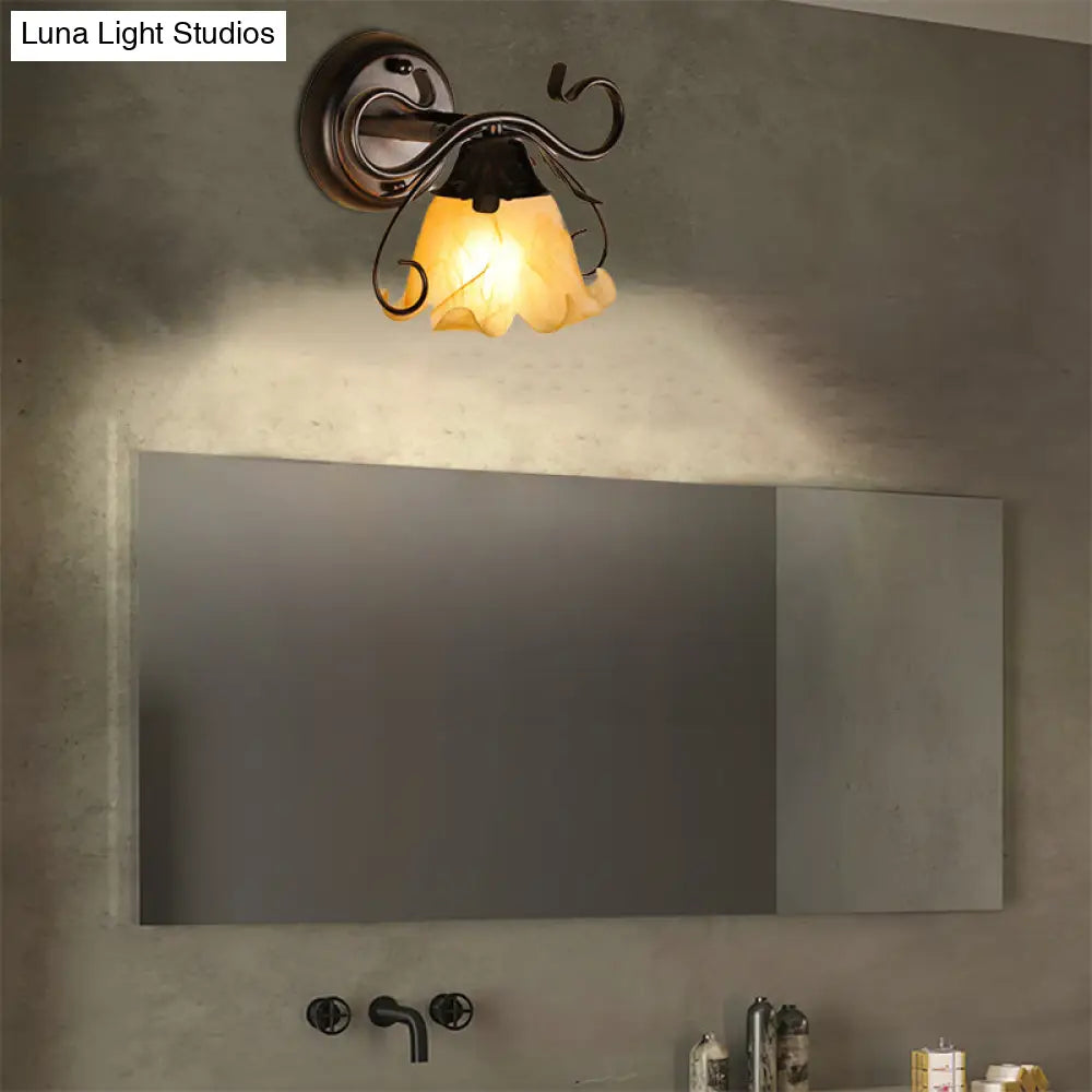 Modern Floral Yellow Glass Vanity Wall Sconce - Stylish 1/2/3-Light Black Finish Mount Lighting