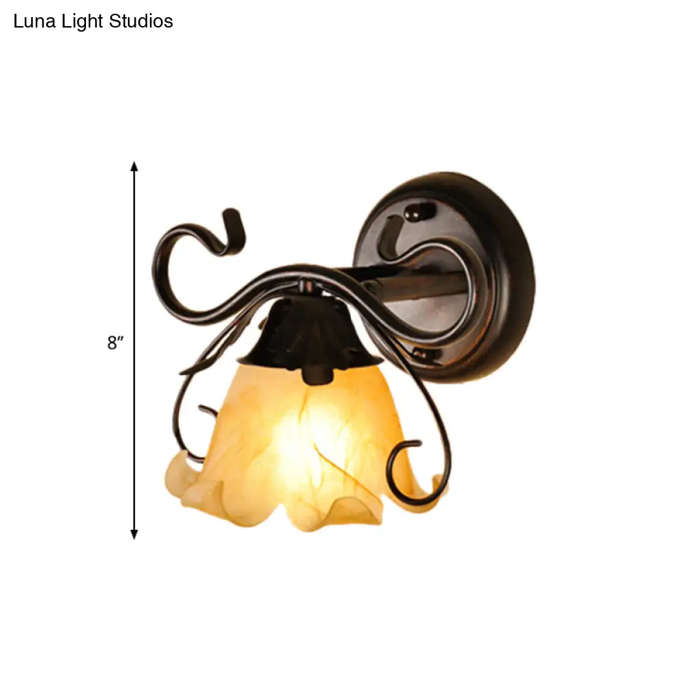 Modern Floral Yellow Glass Vanity Wall Sconce - Stylish 1/2/3-Light Black Finish Mount Lighting