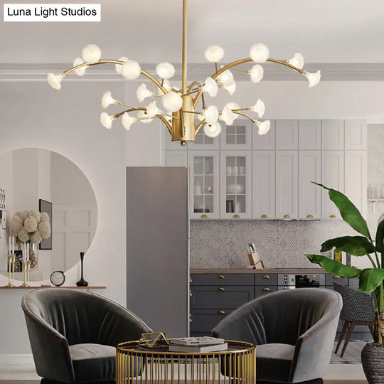 Frosted Glass Flower Chandelier With 33 Bulbs In Gold - Modern Suspended Lighting Fixture