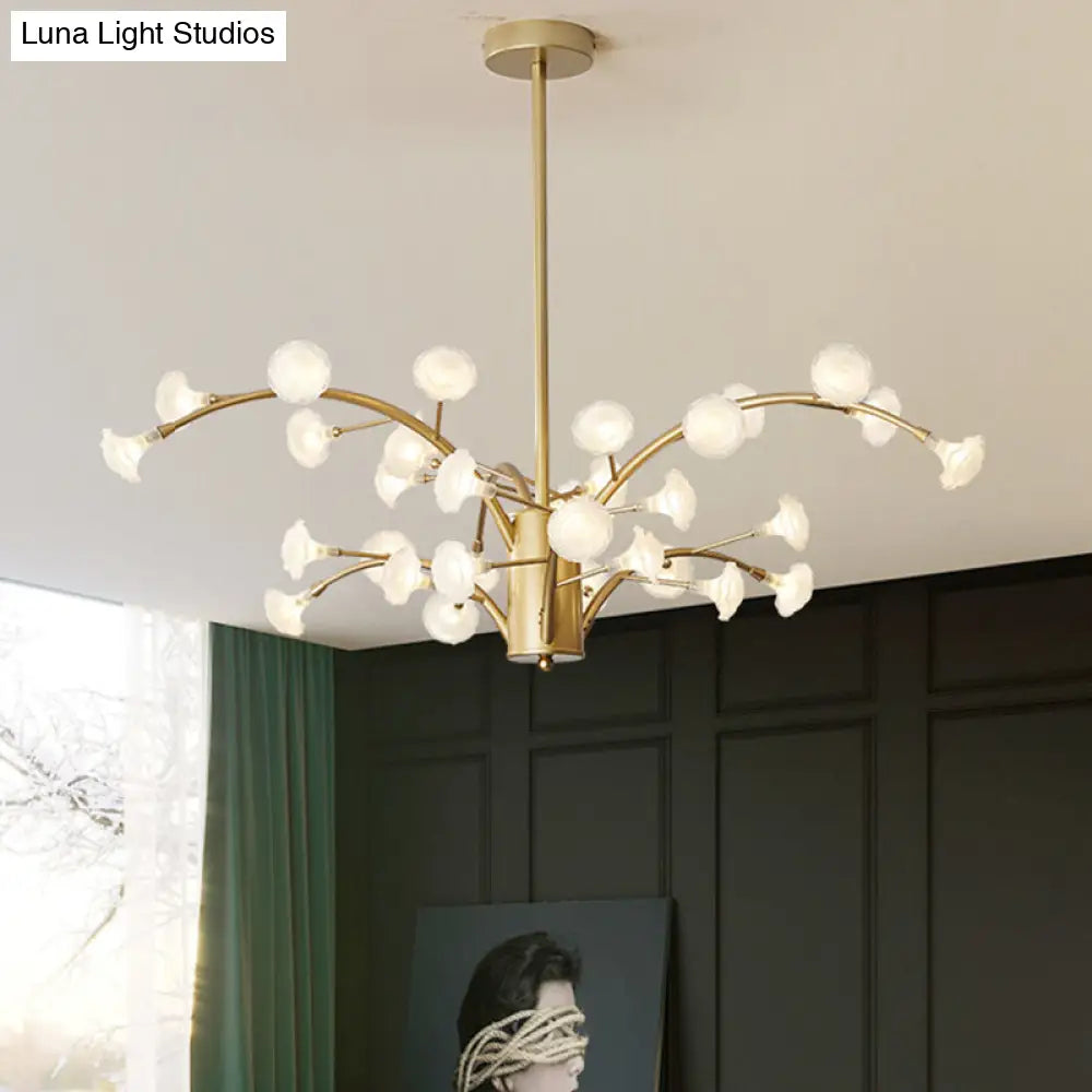 Modern Flower Chandelier Light: 33-Bulb Frosted Glass Suspension Fixture In Gold