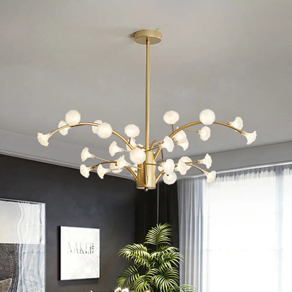 Modern Flower Chandelier Light: 33-Bulb Frosted Glass Suspension Fixture In Gold