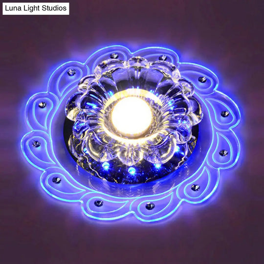 Modern Flower Shape Crystal Led Flush Mount Ceiling Light In Clear / 3W Blue