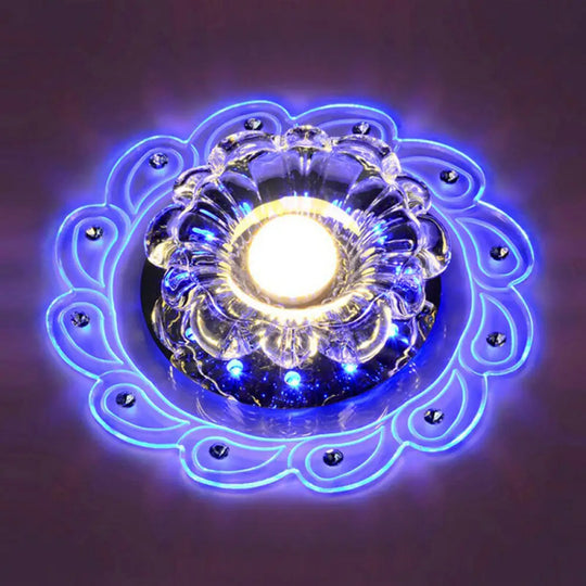 Modern Flower Shape Crystal Led Flush Mount Ceiling Light In Clear / 3W Blue