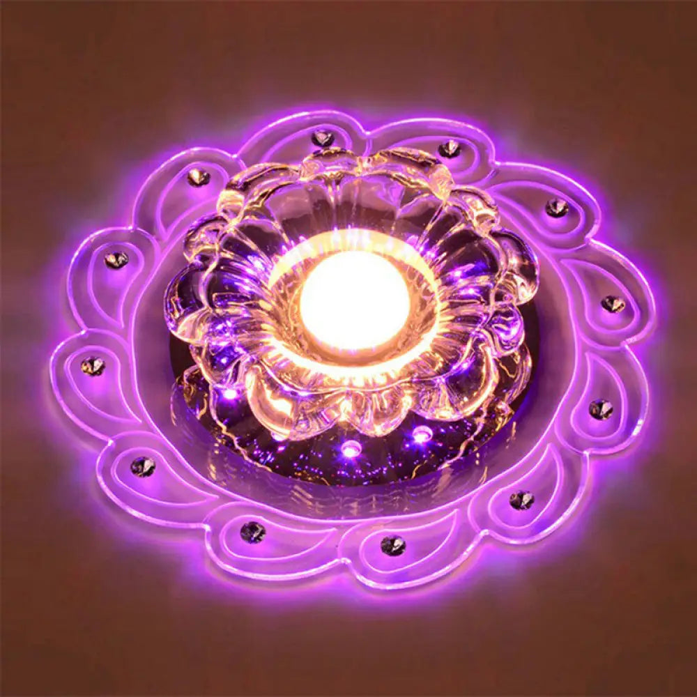 Modern Flower Shape Crystal Led Flush Mount Ceiling Light In Clear / 3W Purple