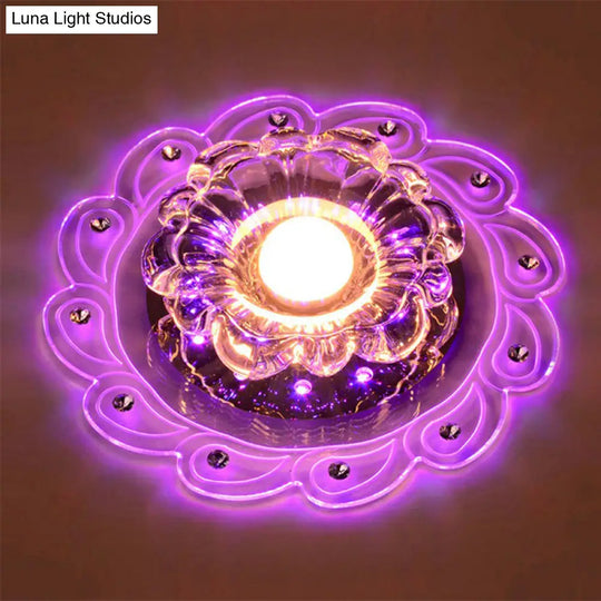 Modern Flower Shape Crystal Led Flush Mount Ceiling Light In Clear / 3W Purple