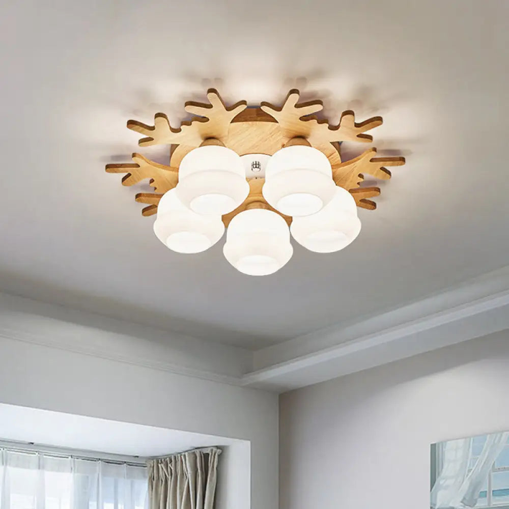 Modern Flush Ceiling Lamp With Wood Antler Design - White Glass Jar Fixture 5/7 Bulbs Beige Mount 5