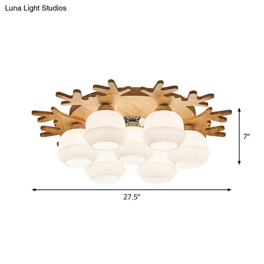 Modern Flush Ceiling Lamp With Wood Antler Design - White Glass Jar Fixture 5/7 Bulbs Beige Mount