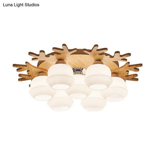 Modern Flush Ceiling Lamp With Wood Antler Design - White Glass Jar Fixture 5/7 Bulbs Beige Mount