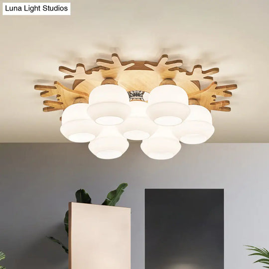 Modern Flush Ceiling Lamp With Wood Antler Design - White Glass Jar Fixture 5/7 Bulbs Beige Mount