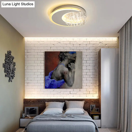 Modern Flush Ceiling Light With Crystal Accent - 16/23.5 Round Metal White Led Fixture