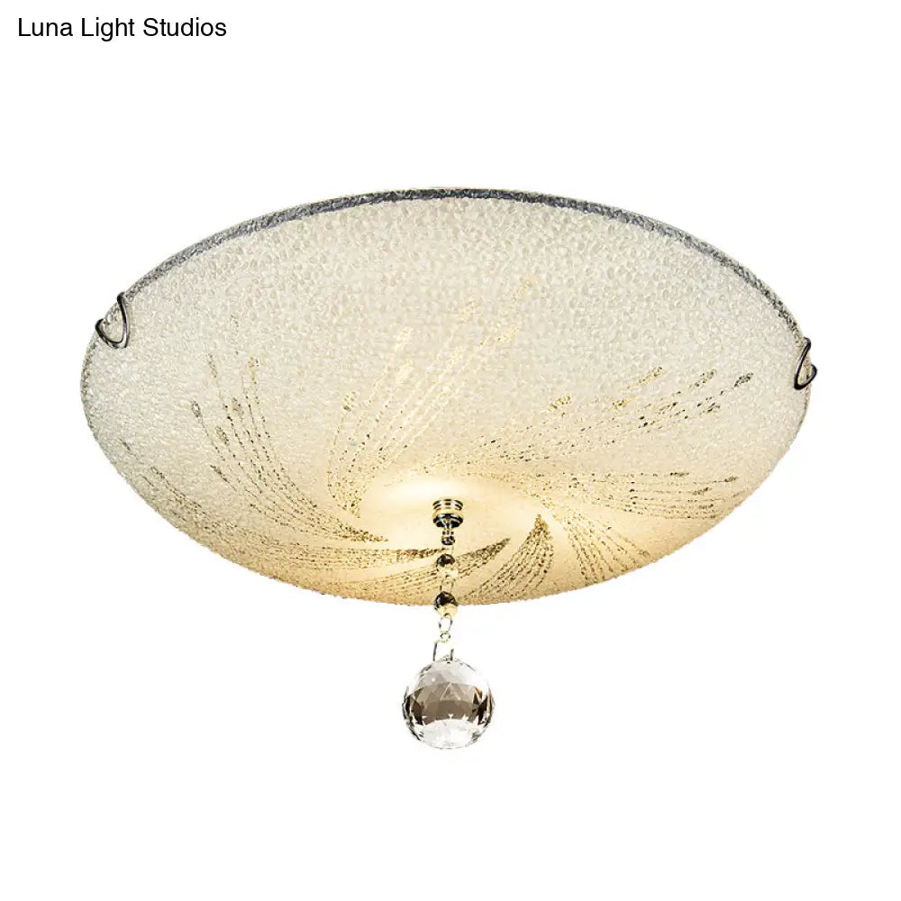 Modern Flush Mount Light With Frosted Glass And Crystal Drop - 3 Lights White Ceiling Fixture