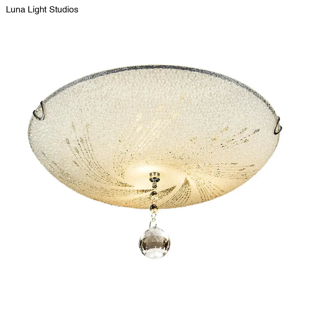 Modern Flush Mount Light With Frosted Glass And Crystal Drop - 3 Lights White Ceiling Fixture