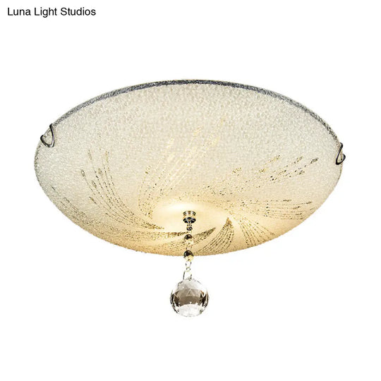 Modern Flush Mount Light With Frosted Glass And Crystal Drop - 3 Lights White Ceiling Fixture