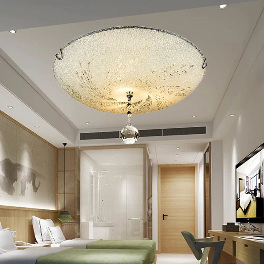 Modern Flush Mount Light With Frosted Glass And Crystal Drop - 3 Lights White Ceiling Fixture